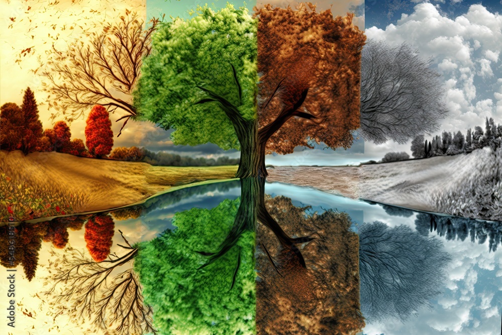 The four seasons in a tree reflected in the water of a lake. Concept of ... The Changing Seasons: Local Stories of Nature and Life